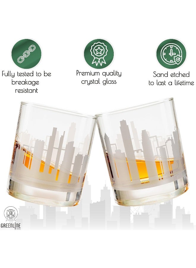 Greenline Goods Whiskey Glasses - 10 Oz Tumbler Gift Set, Etched with a city skyline | Old Fashioned Rocks Glass - Set of 2 - Image 3